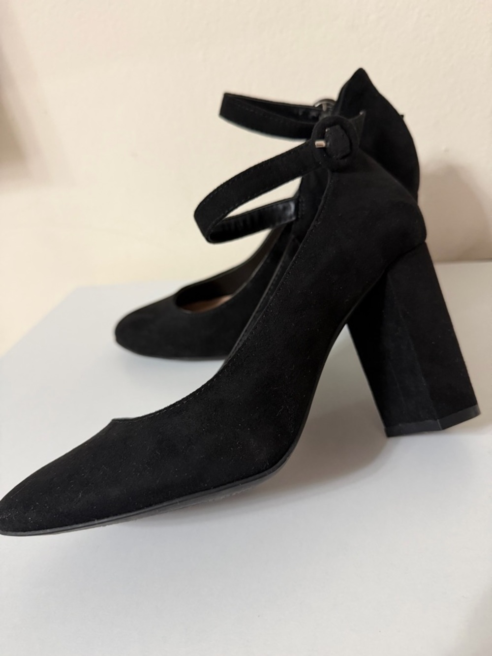 Women's Black Suede Ankle-Strap Block Heel Pumps